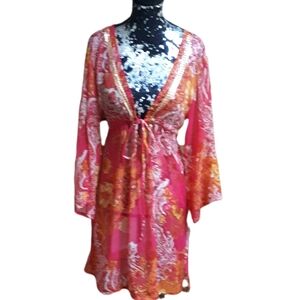 Pink & Orange Sheer Tie-Front Cover-Up Dress